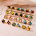 Cat-eye small round diamond pattern colorful gold-edged button style stainless steel stud earrings
