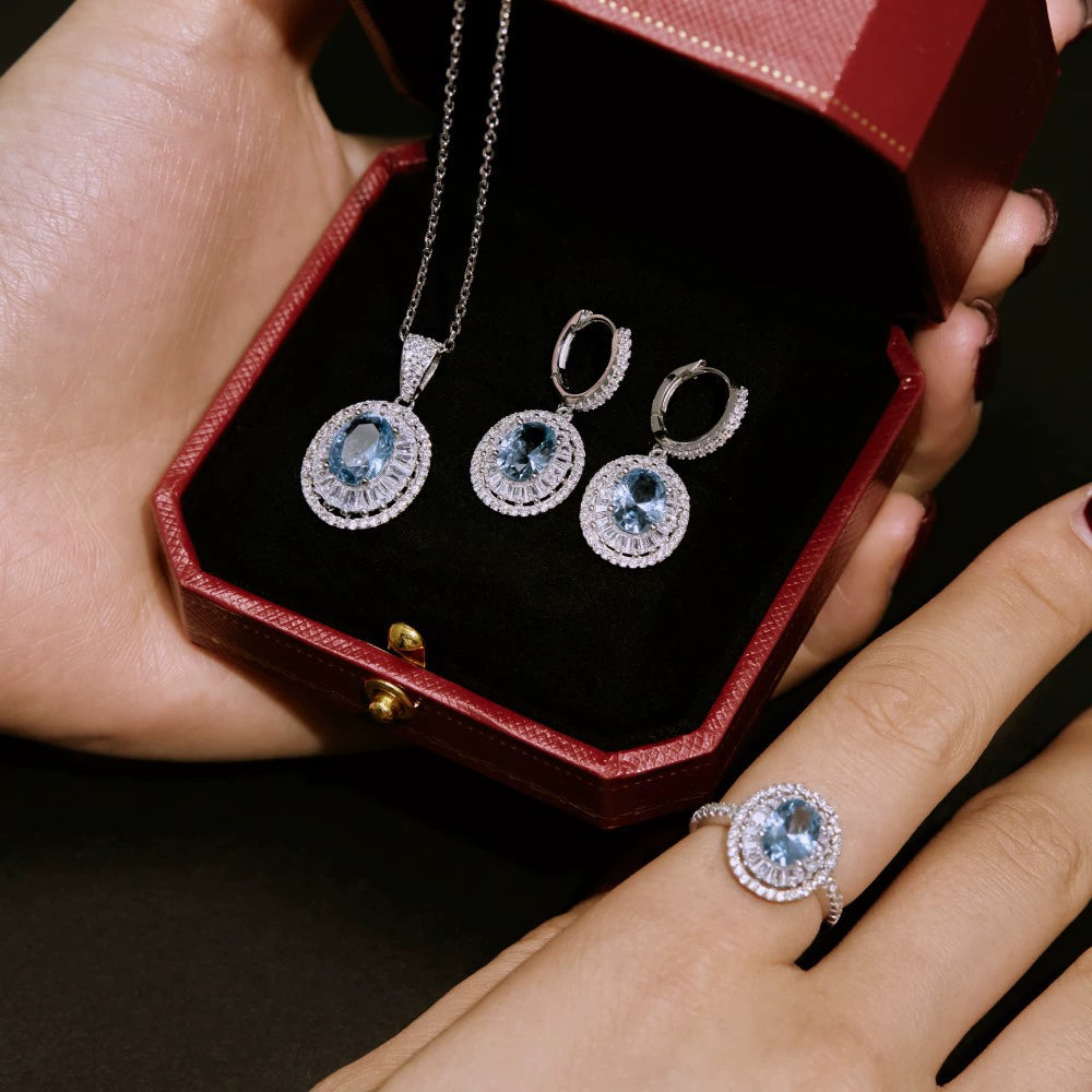 925 Silver Aquamarine Zircon Diamond Set