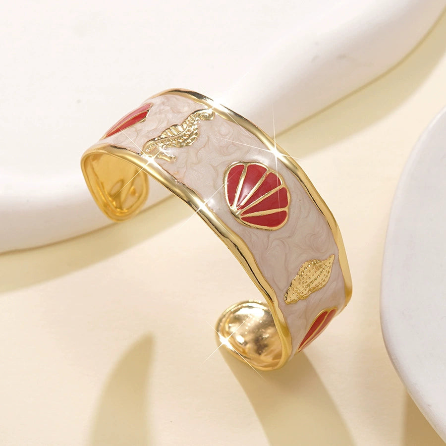 Seashell and conch oil-dripping stainless steel C-shaped open bracelet