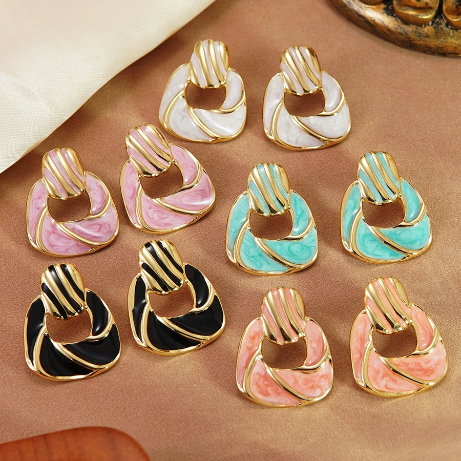 Enameled Geometric Square Stainless Steel Earrings