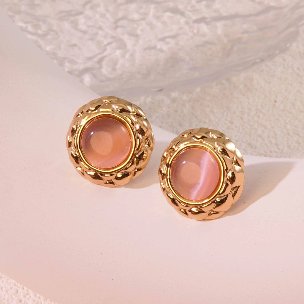 Cat-eye small round diamond pattern colorful gold-edged button style stainless steel stud earrings