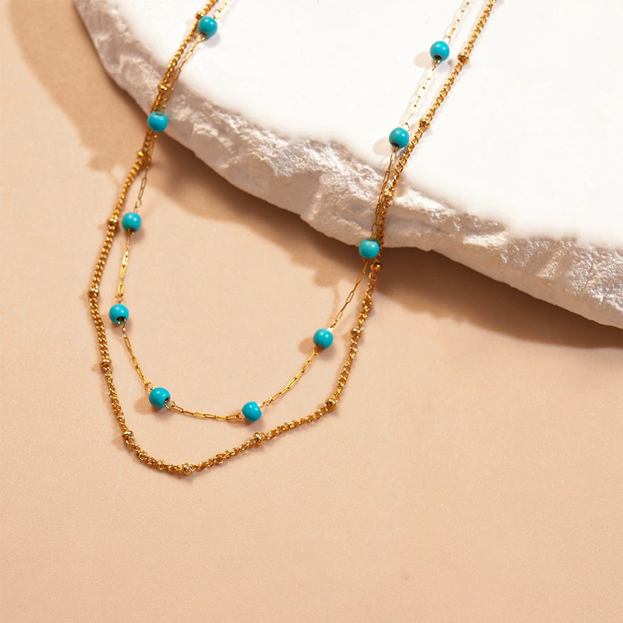 复古绿松石锆石椭圆形不锈钢锁骨多层链