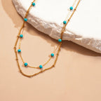 复古绿松石锆石椭圆形不锈钢锁骨多层链