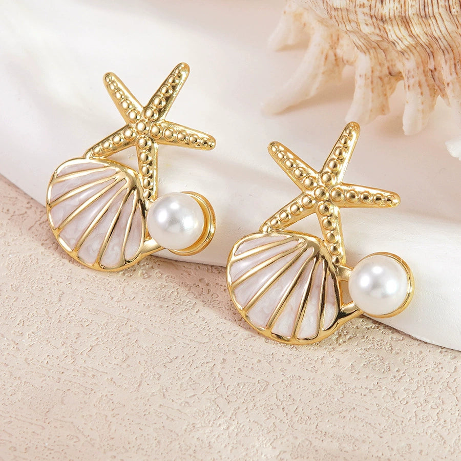 Starfish shell pearl casual stainless steel earrings