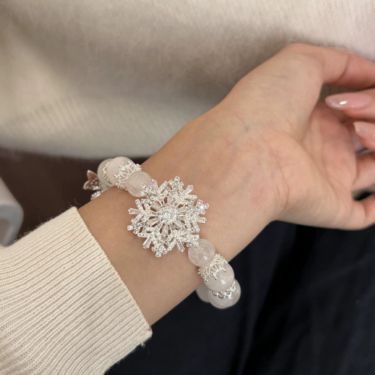 Natural rose quartz full zircon bow snowflake bracelet