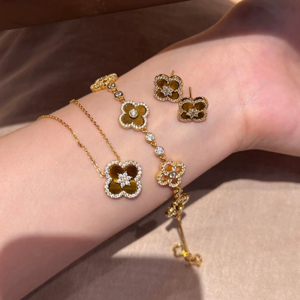 虎眼四叶花铜合金手链项链套装