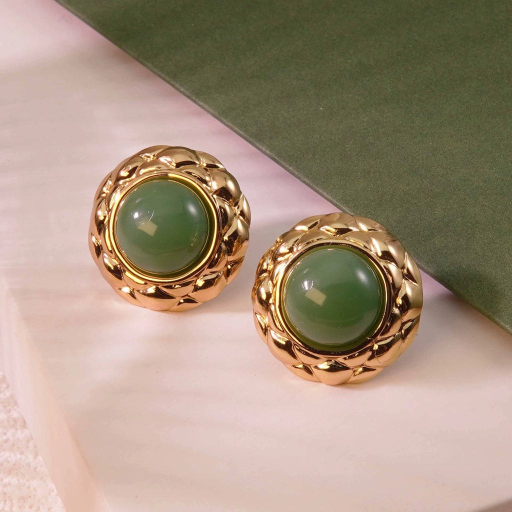 Cat-eye small round diamond pattern colorful gold-edged button style stainless steel stud earrings