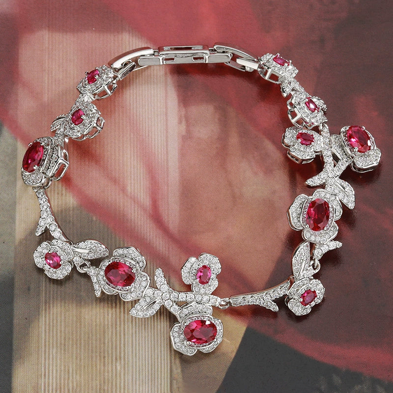 Red sapphire zircon inlaid with rose and camellia bracelet