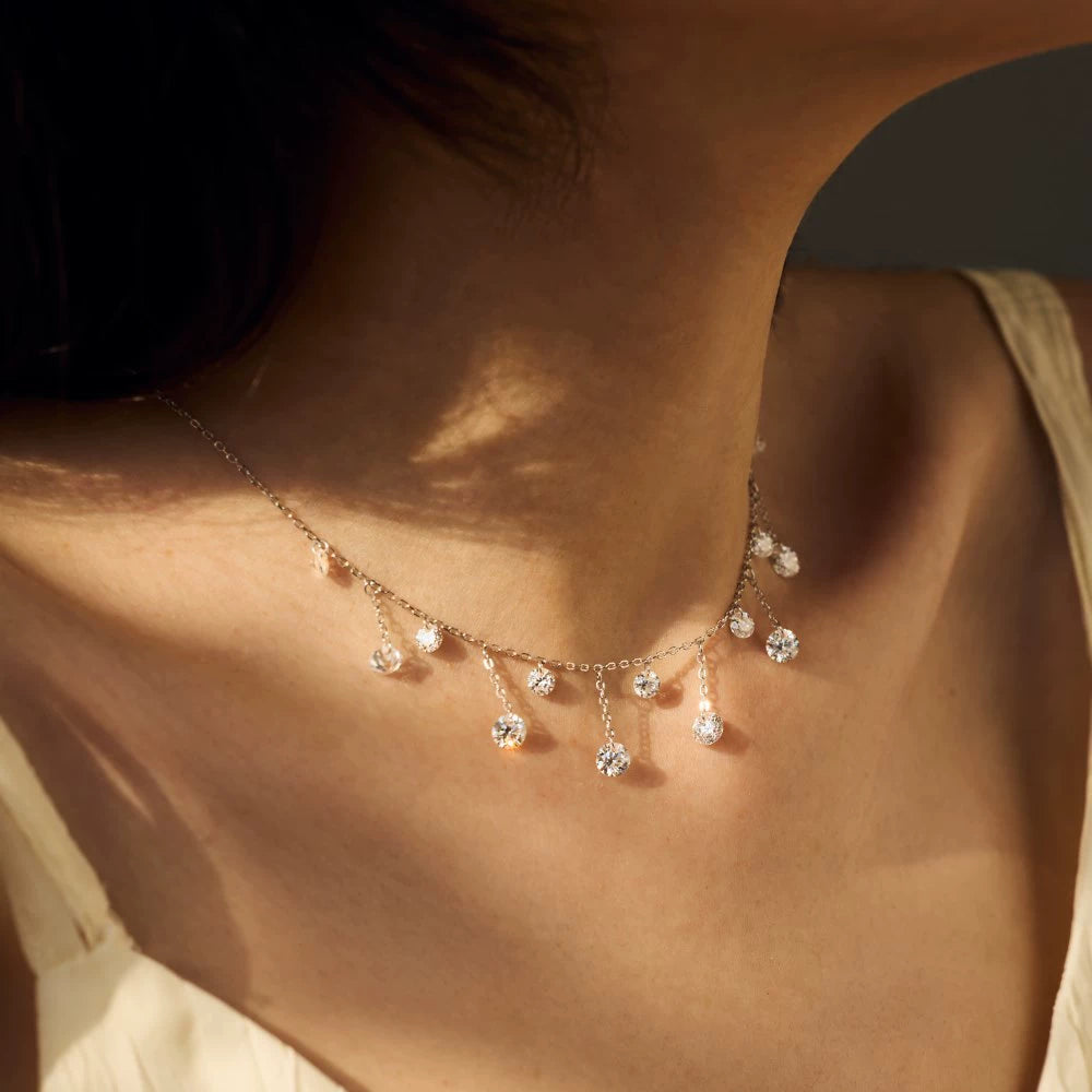 925银水晶吊坠流苏项链