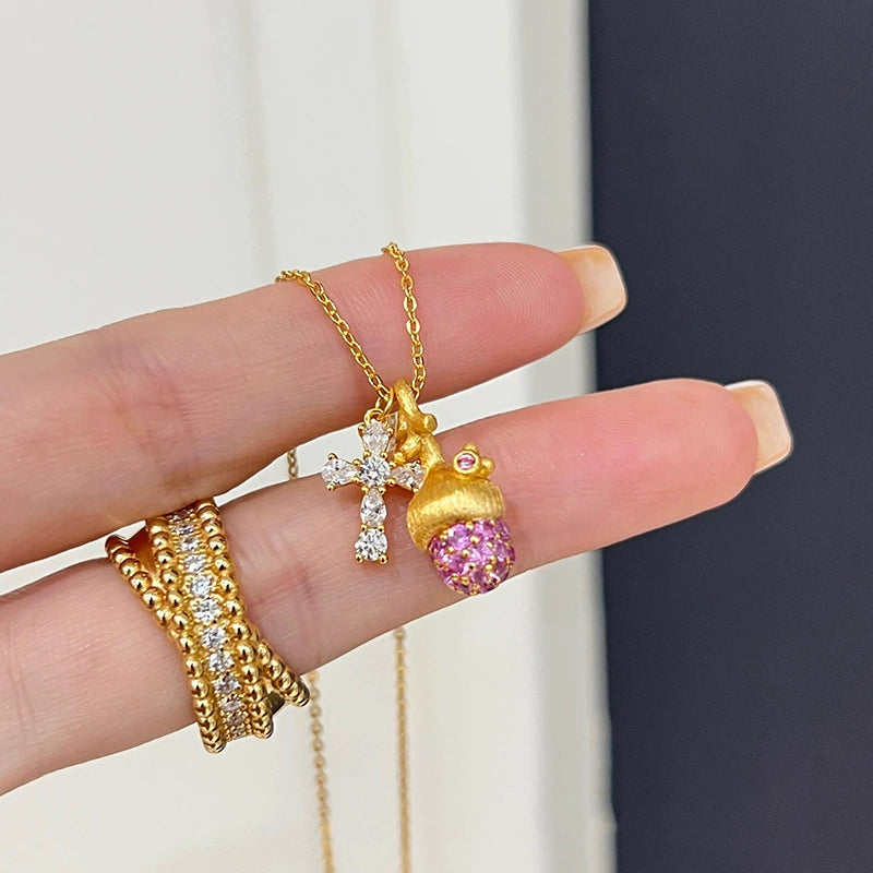 Brushed Pine Cone Cross Full Diamond Copper Alloy Necklace