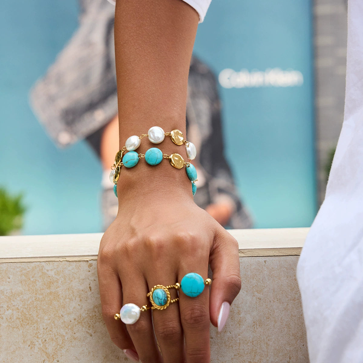 Turquoise Stainless Steel Pearl Ring Bracelet