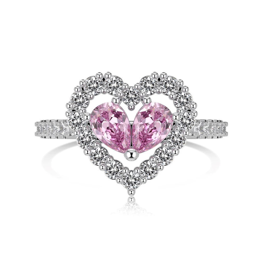 925 Silver Heart Hollow Pink Zircon Inlaid Diamond Set