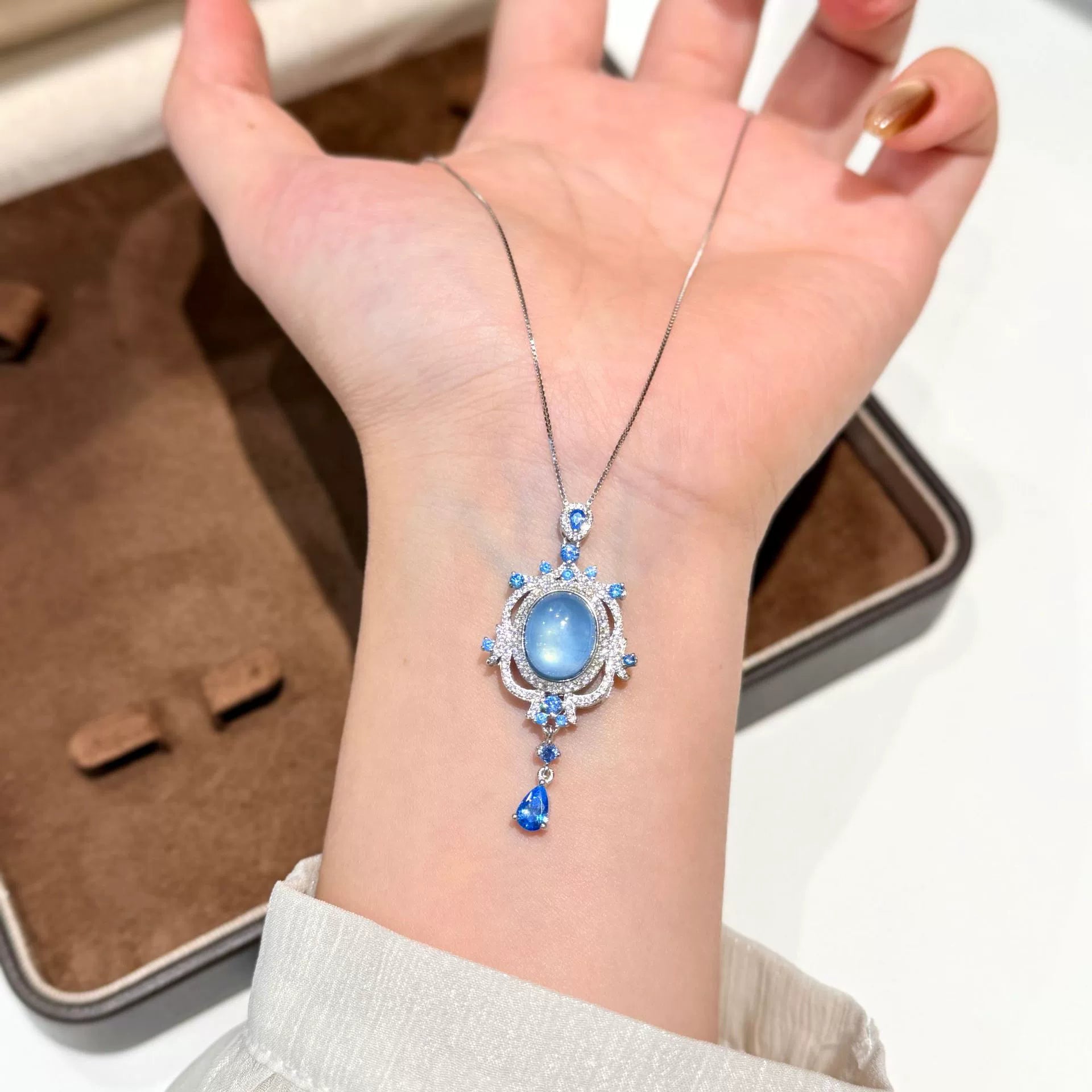 925 Sterling Silver Heart of the Ocean Oval Natural Aquamarine Pendant Fully Diamonded