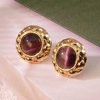 Cat-eye small round diamond pattern colorful gold-edged button style stainless steel stud earrings