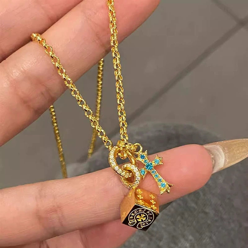 Square Dice Red Diamond Blue Diamond Cross Copper Alloy Pendant