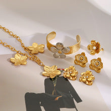 Stainless steel flower necklace, zircon earrings, pearl ring