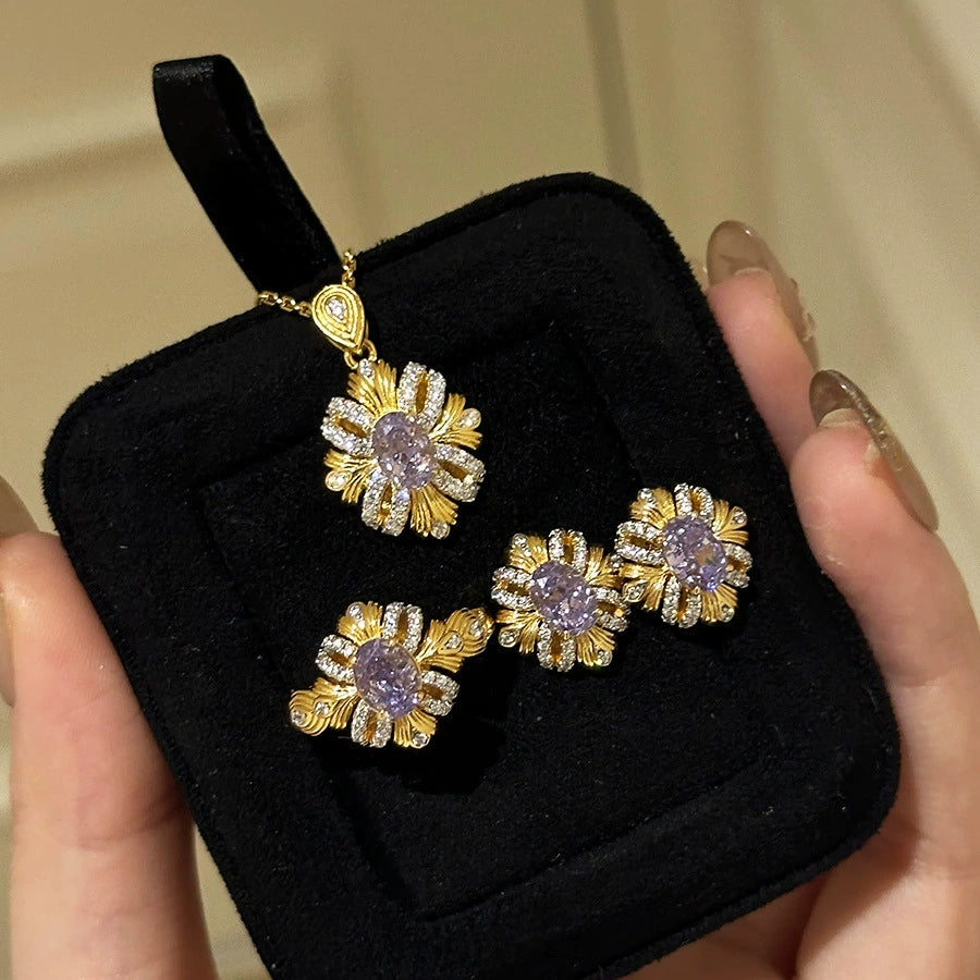 紫荆花缎带紫锆石铜合金套装