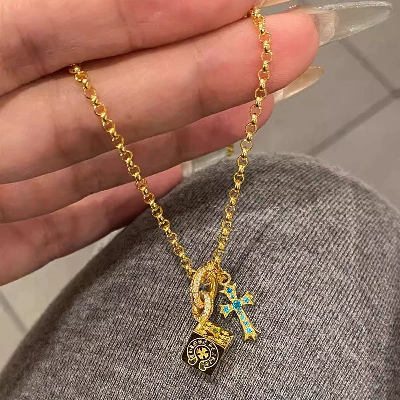 Square Dice Red Diamond Blue Diamond Cross Copper Alloy Pendant