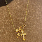 Brooch-set cross pendant copper alloy necklace
