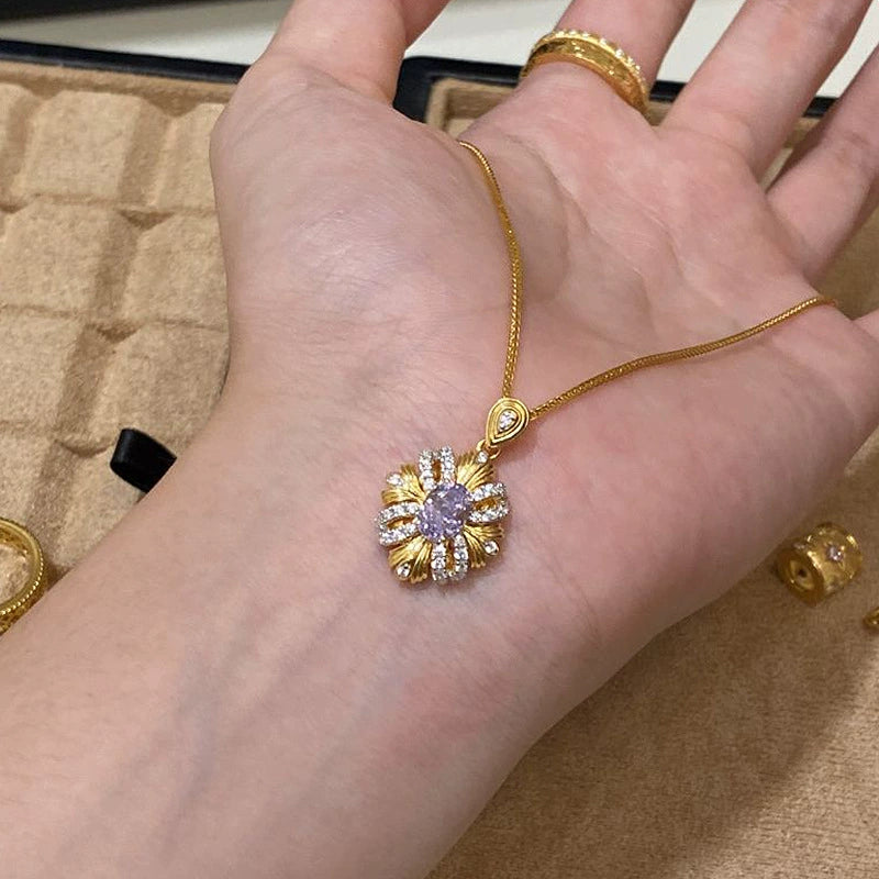 Bauhinia flower sparkling diamond sunflower copper alloy necklace