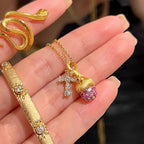 Brushed Pine Cone Cross Full Diamond Copper Alloy Necklace