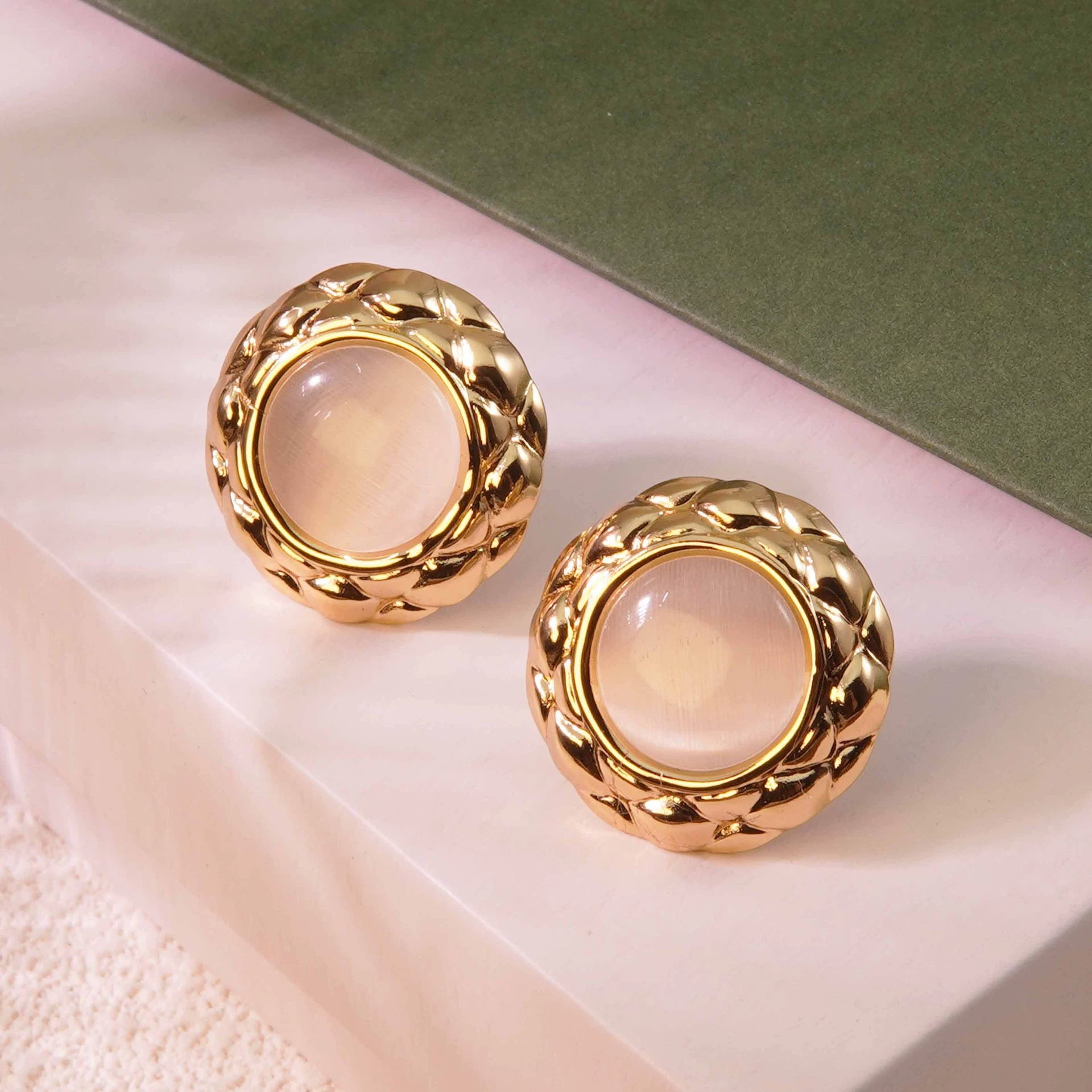 Cat-eye small round diamond pattern colorful gold-edged button style stainless steel stud earrings