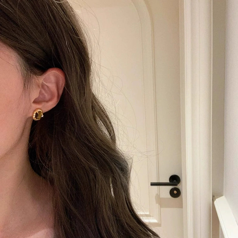 Radl oval tiger's eye gold-plated copper alloy earrings