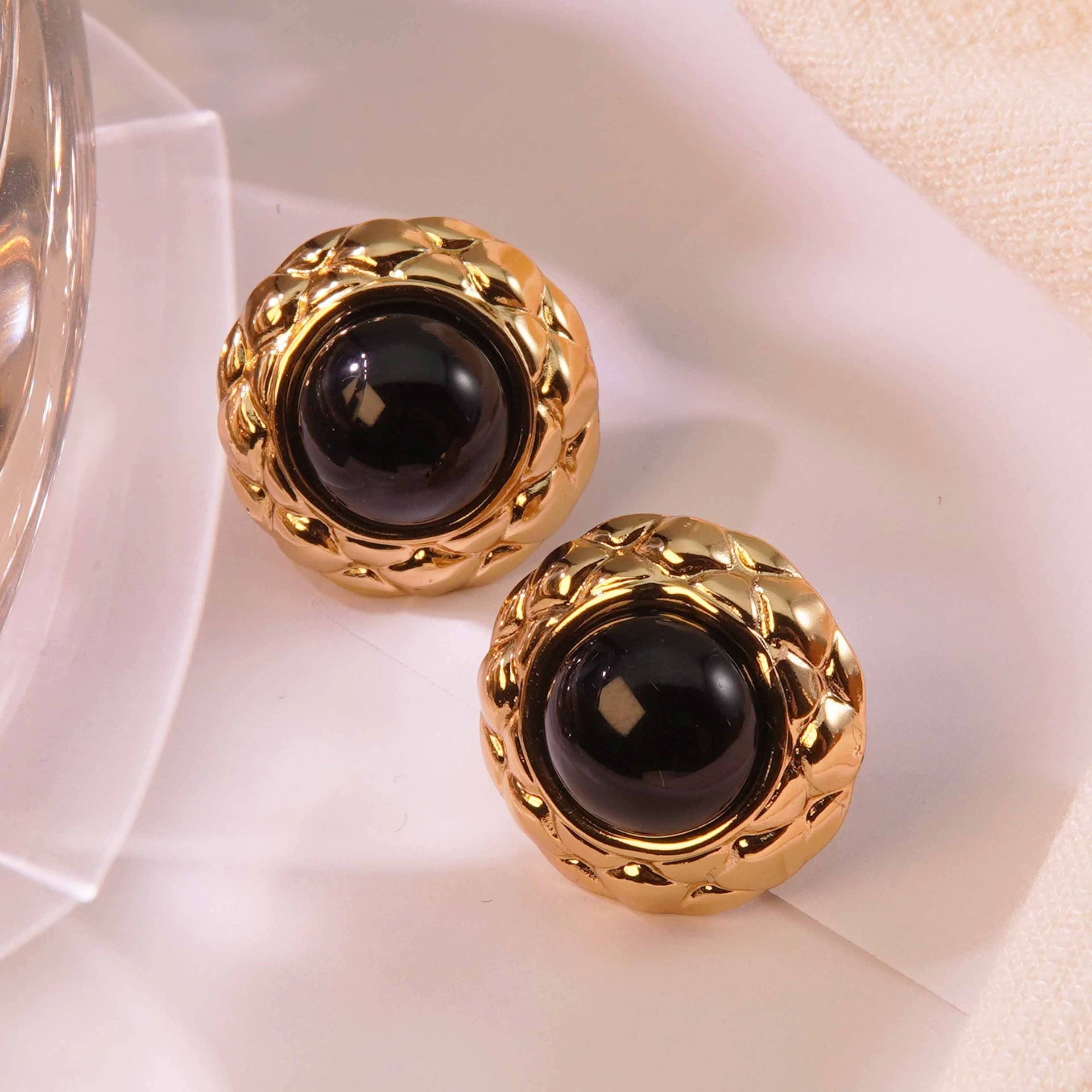 Cat-eye small round diamond pattern colorful gold-edged button style stainless steel stud earrings