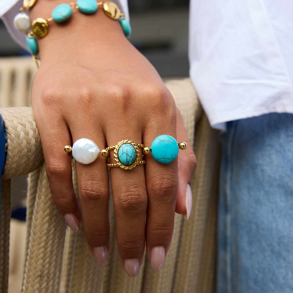 Turquoise Stainless Steel Pearl Ring Bracelet