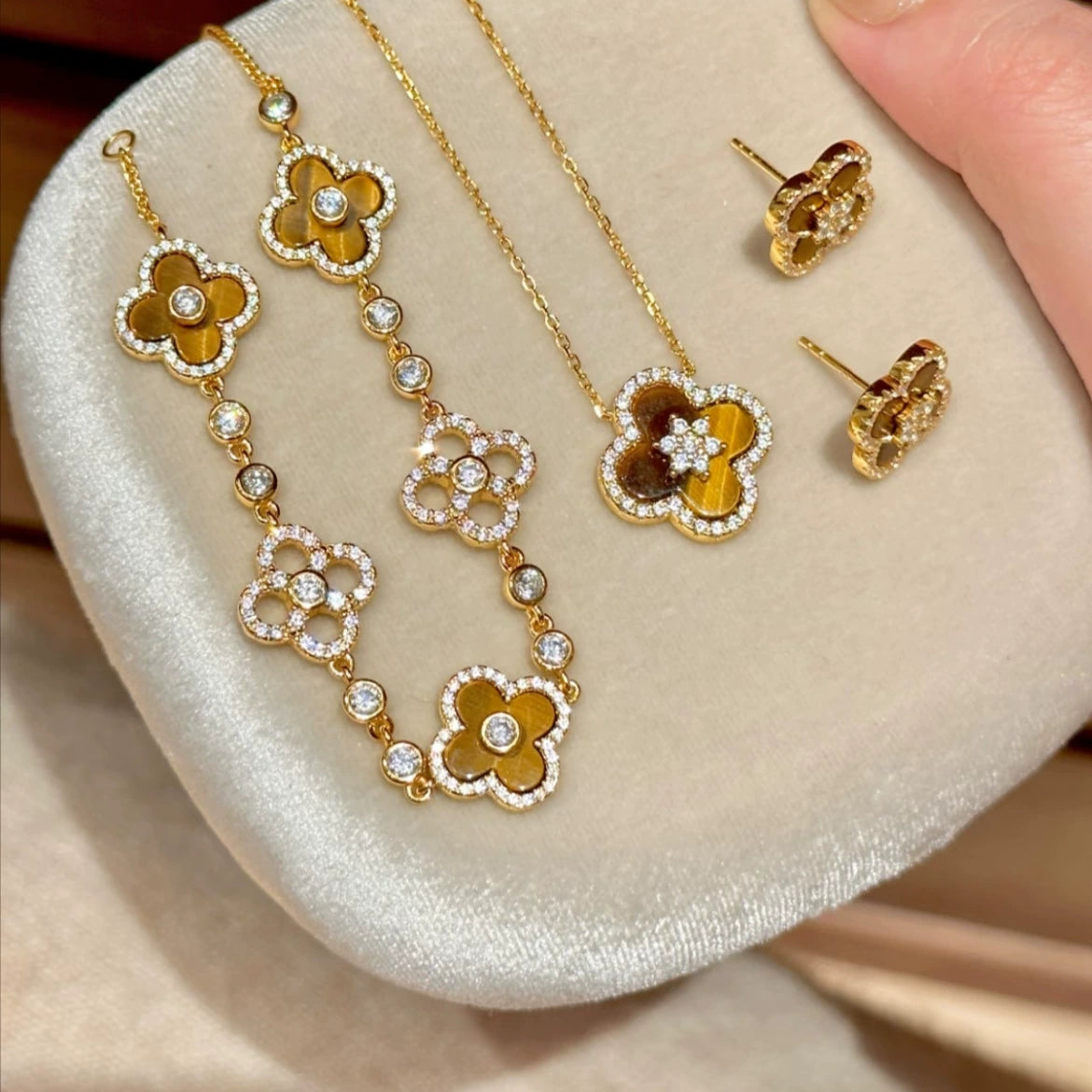 虎眼四叶花铜合金手链项链套装