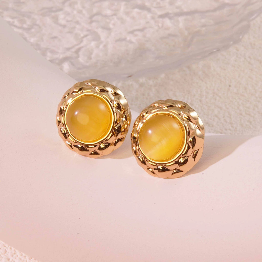 Cat-eye small round diamond pattern colorful gold-edged button style stainless steel stud earrings