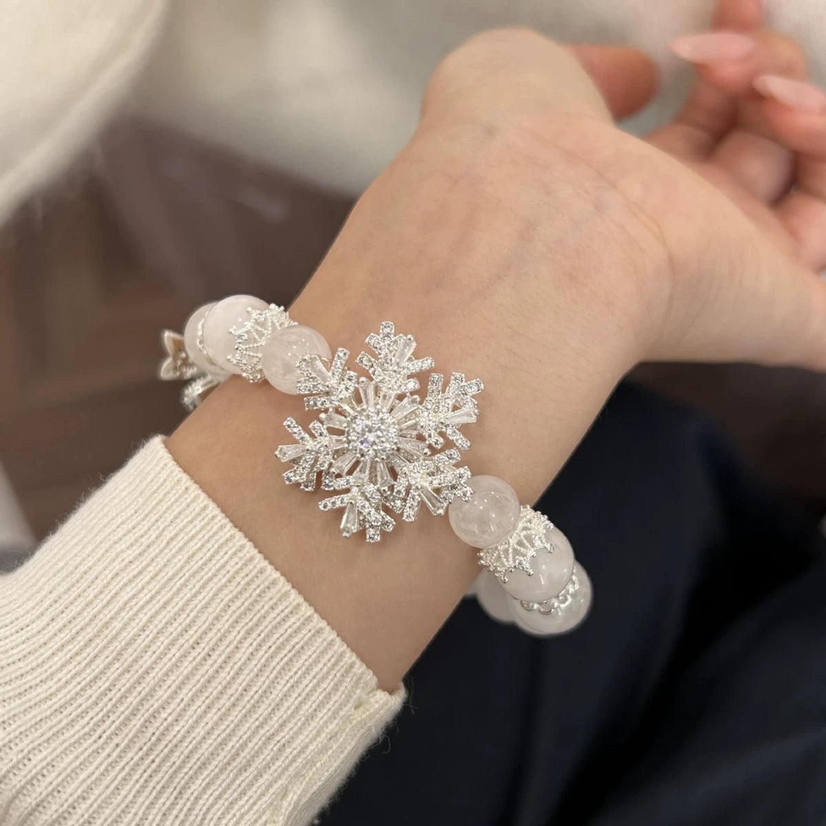 Natural rose quartz full zircon bow snowflake bracelet