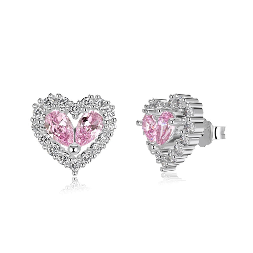925 Silver Heart Hollow Pink Zircon Inlaid Diamond Set