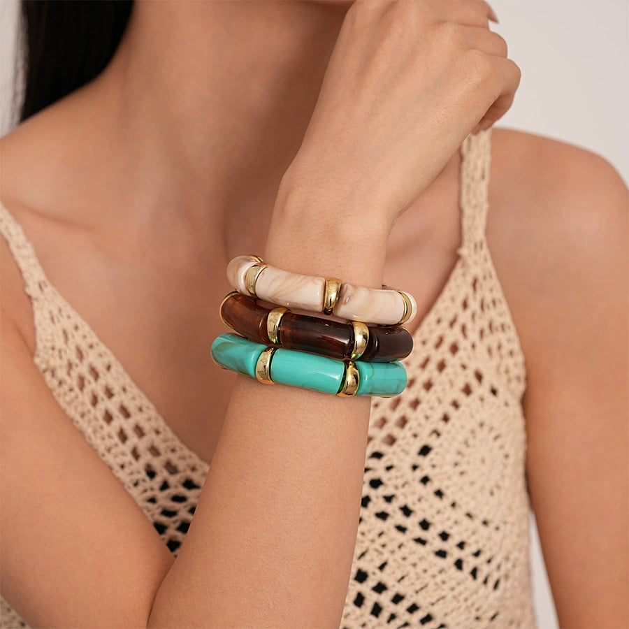 Vintage Gradient Acrylic Geometric Bamboo Joint Elastic Bracelet