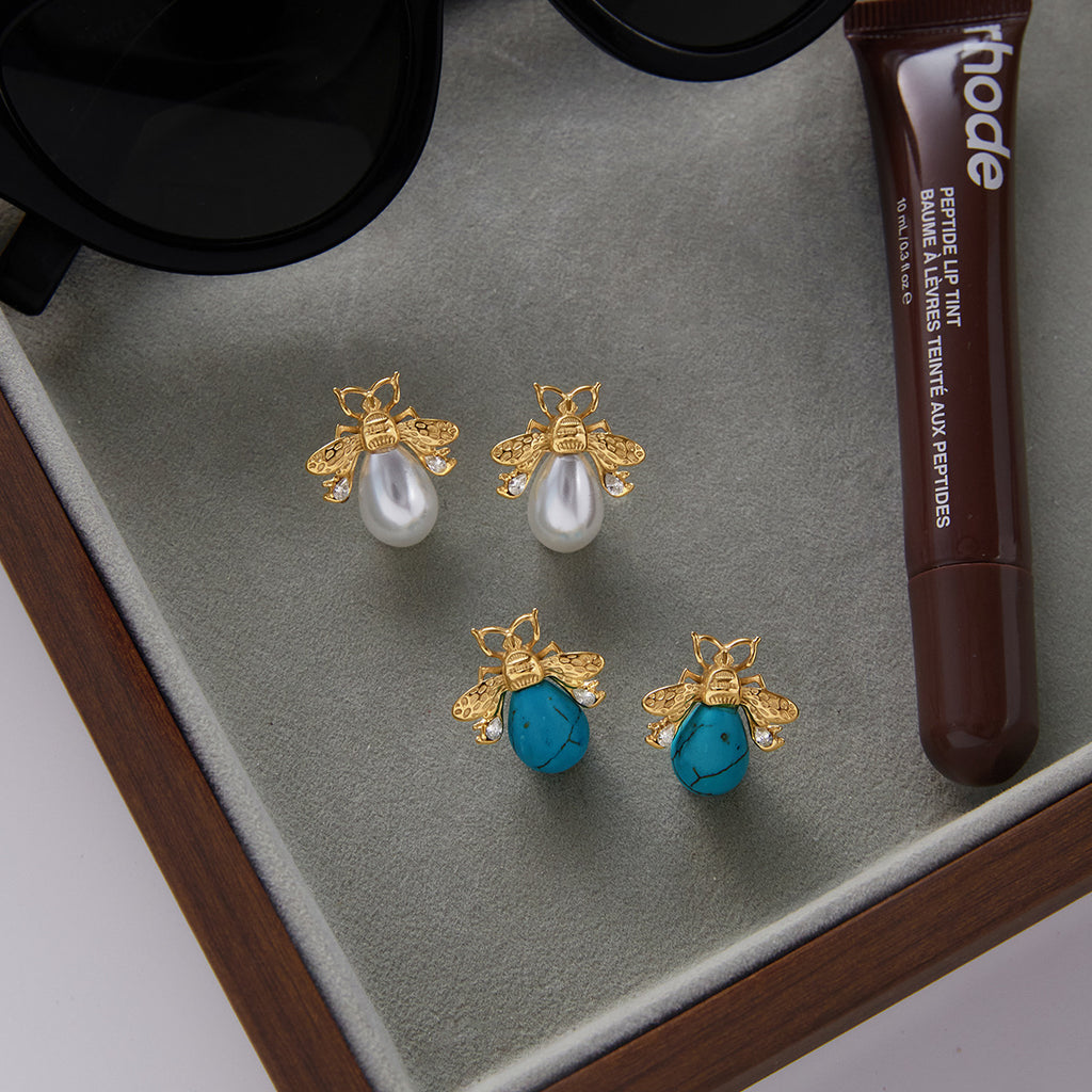 Turquoise, zircon, imitation pearl stainless steel stud earrings