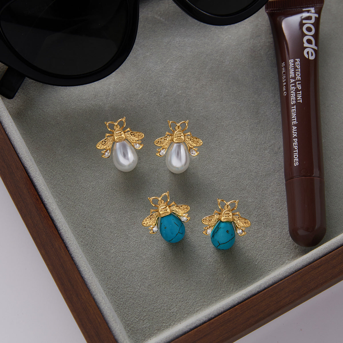 Turquoise, zircon, imitation pearl stainless steel stud earrings