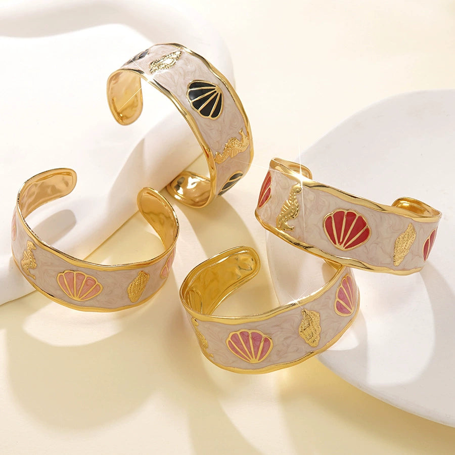 Seashell and conch oil-dripping stainless steel C-shaped open bracelet