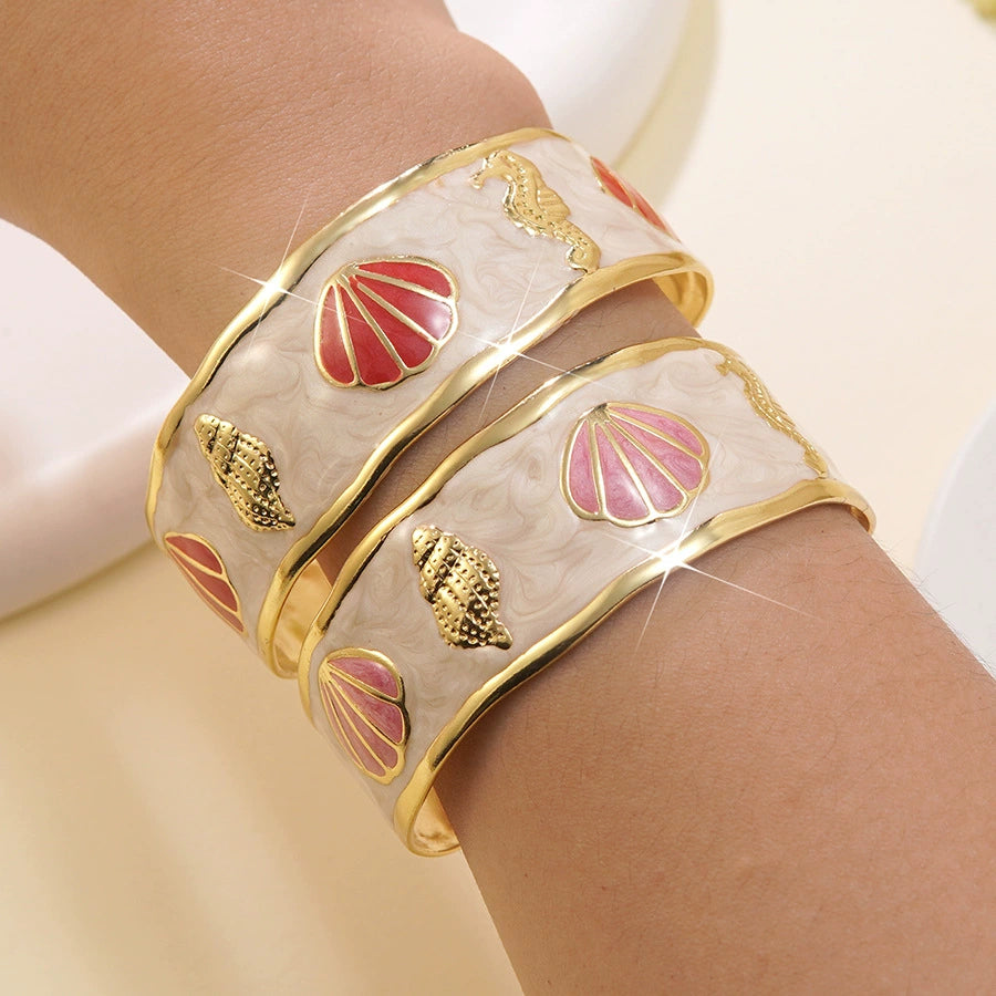 Seashell and conch oil-dripping stainless steel C-shaped open bracelet
