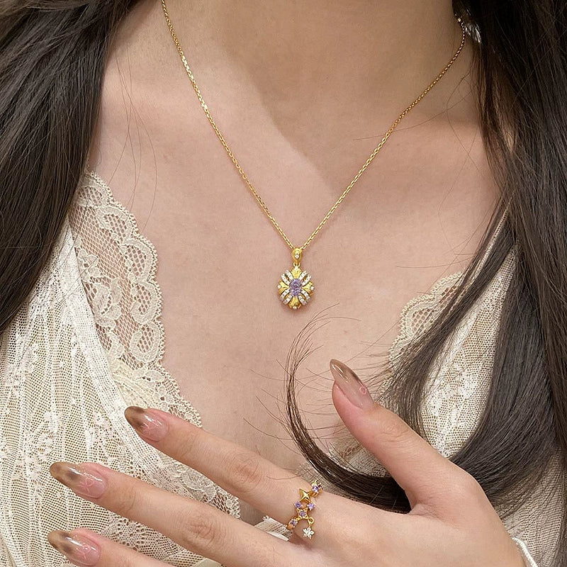 Bauhinia flower sparkling diamond sunflower copper alloy necklace