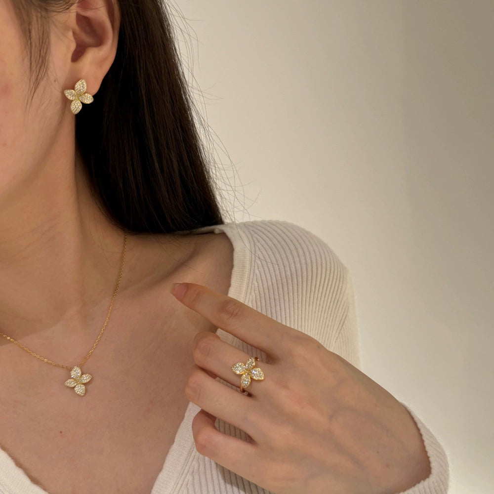 925 Silver Flower Butterfly Full Diamond Three-Piece Set