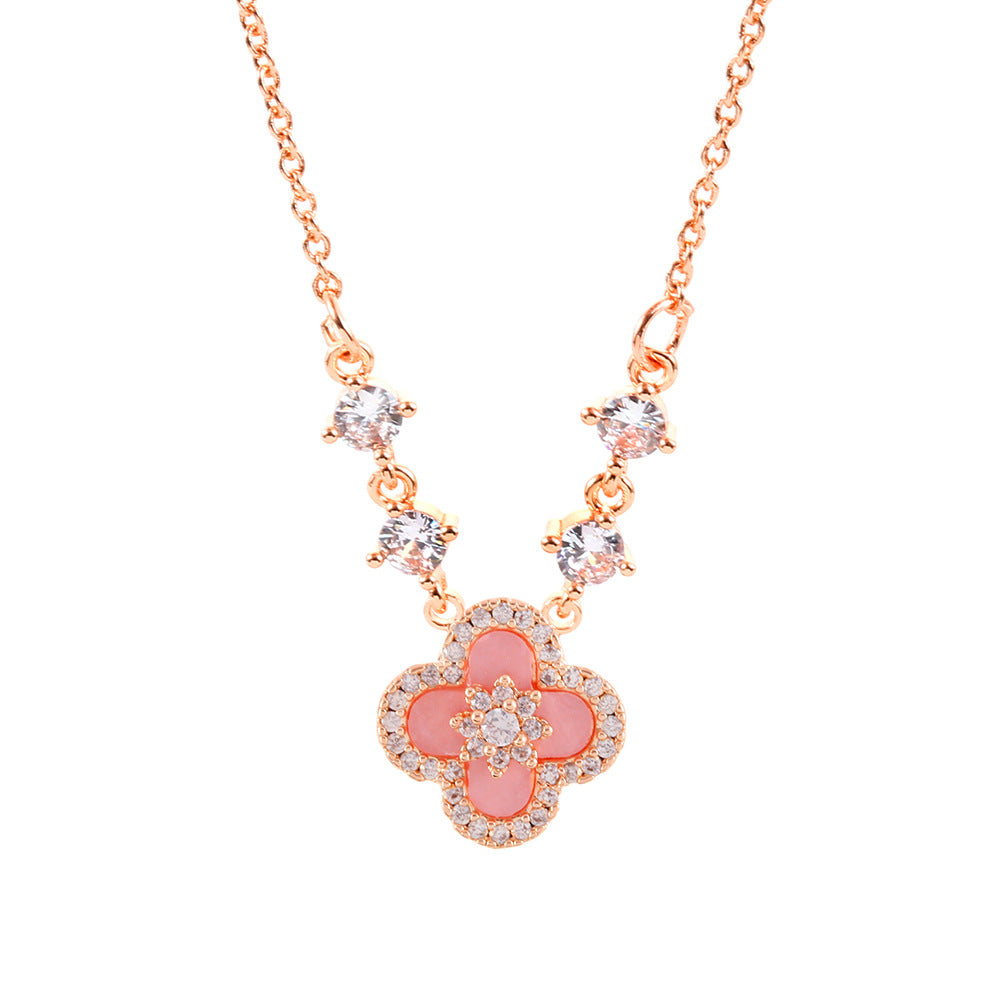 幸运粉色锆石四叶花铜合金套装