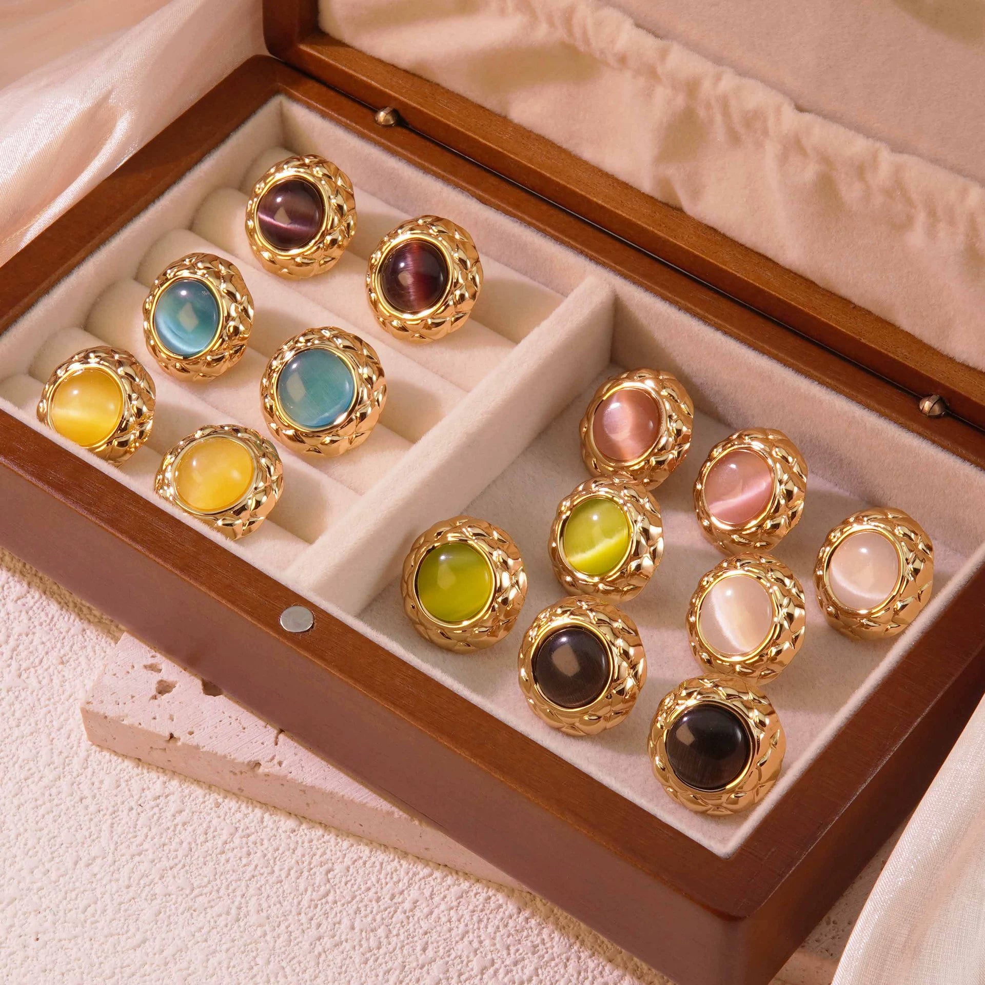 Cat-eye small round diamond pattern colorful gold-edged button style stainless steel stud earrings