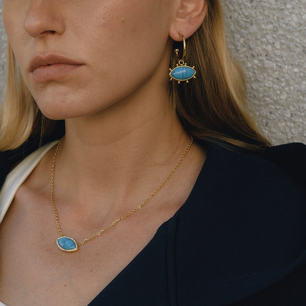 Evil Eye Turquoise Colorfast Titanium Steel Earrings and Necklace