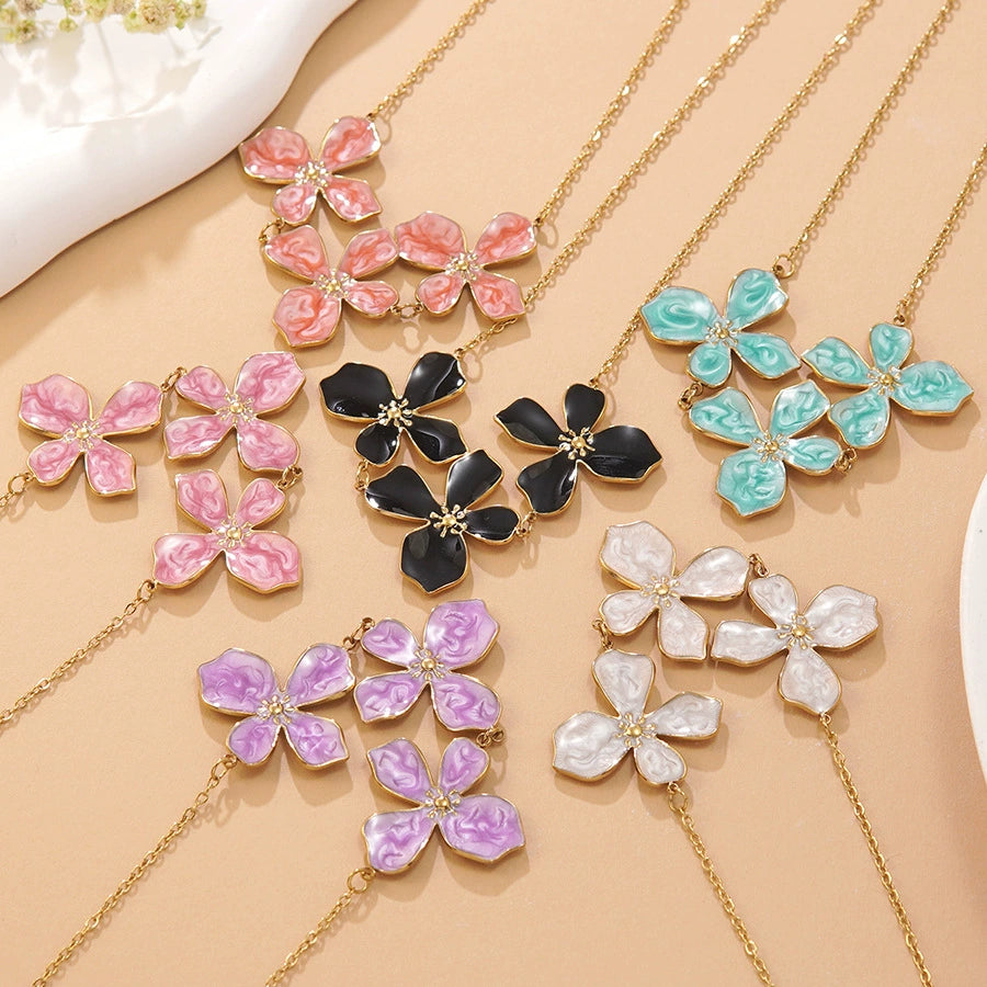 Oil-drop flower elegant stainless steel necklace and bracelet