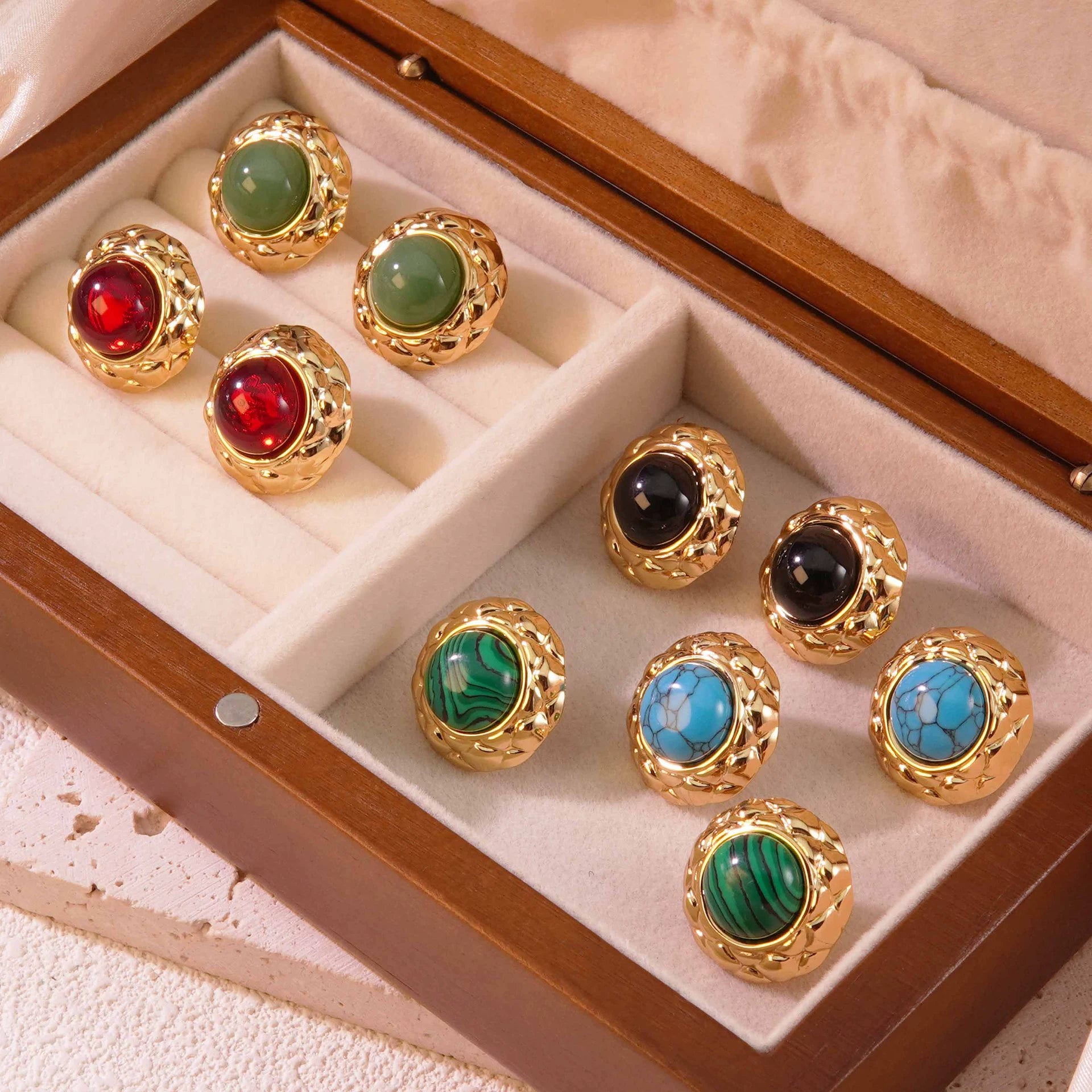 Cat-eye small round diamond pattern colorful gold-edged button style stainless steel stud earrings