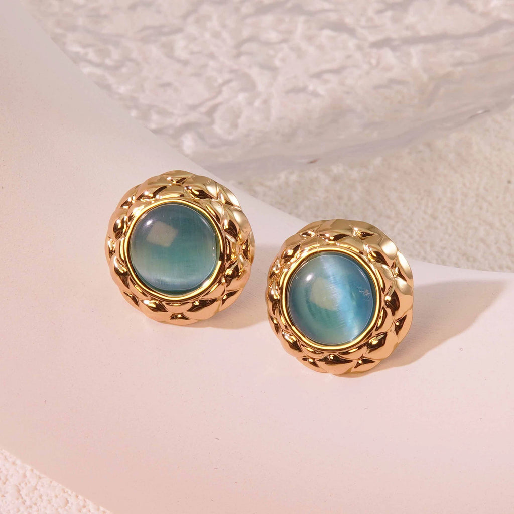 Cat-eye small round diamond pattern colorful gold-edged button style stainless steel stud earrings