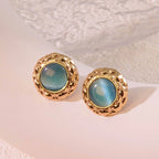 Cat-eye small round diamond pattern colorful gold-edged button style stainless steel stud earrings