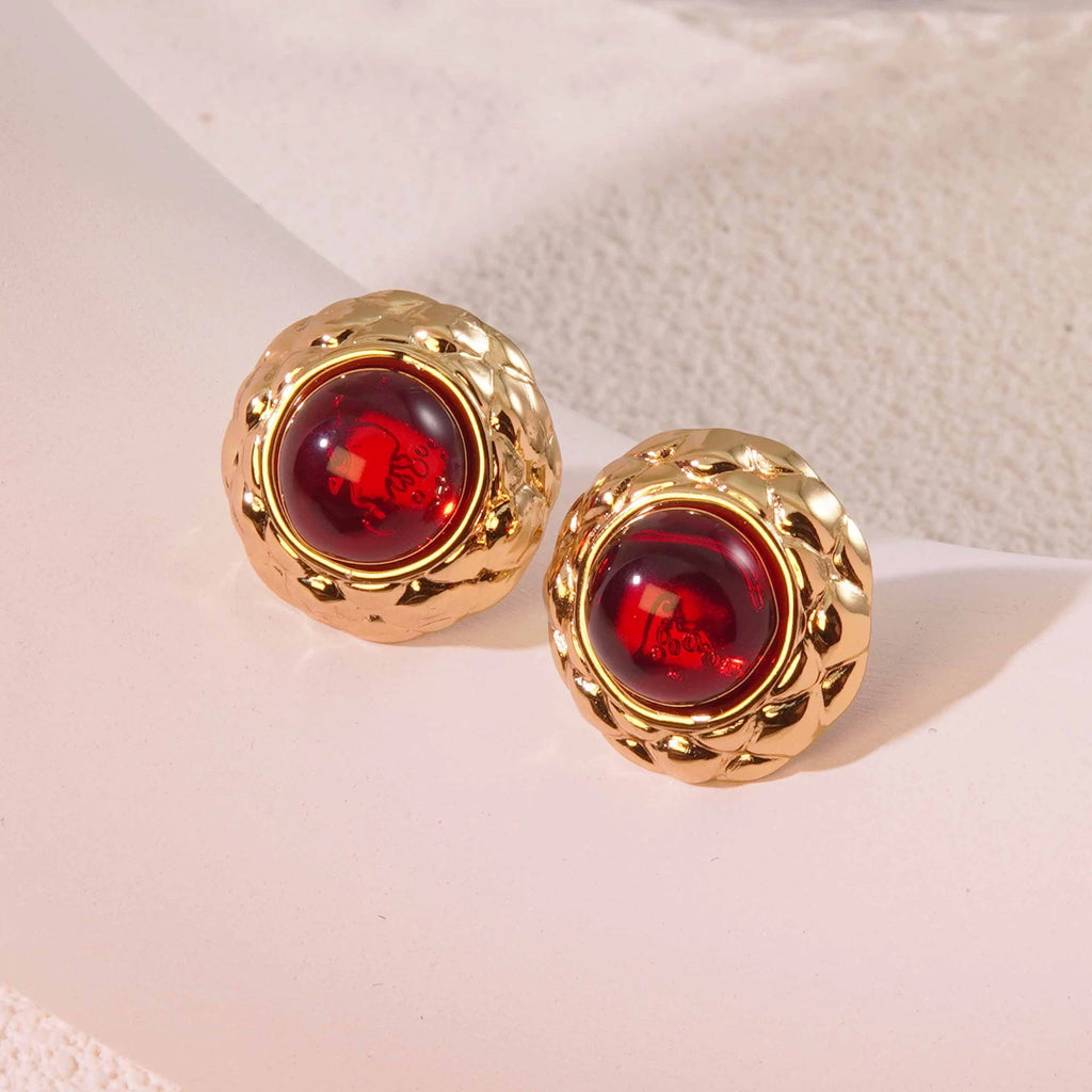 Cat-eye small round diamond pattern colorful gold-edged button style stainless steel stud earrings
