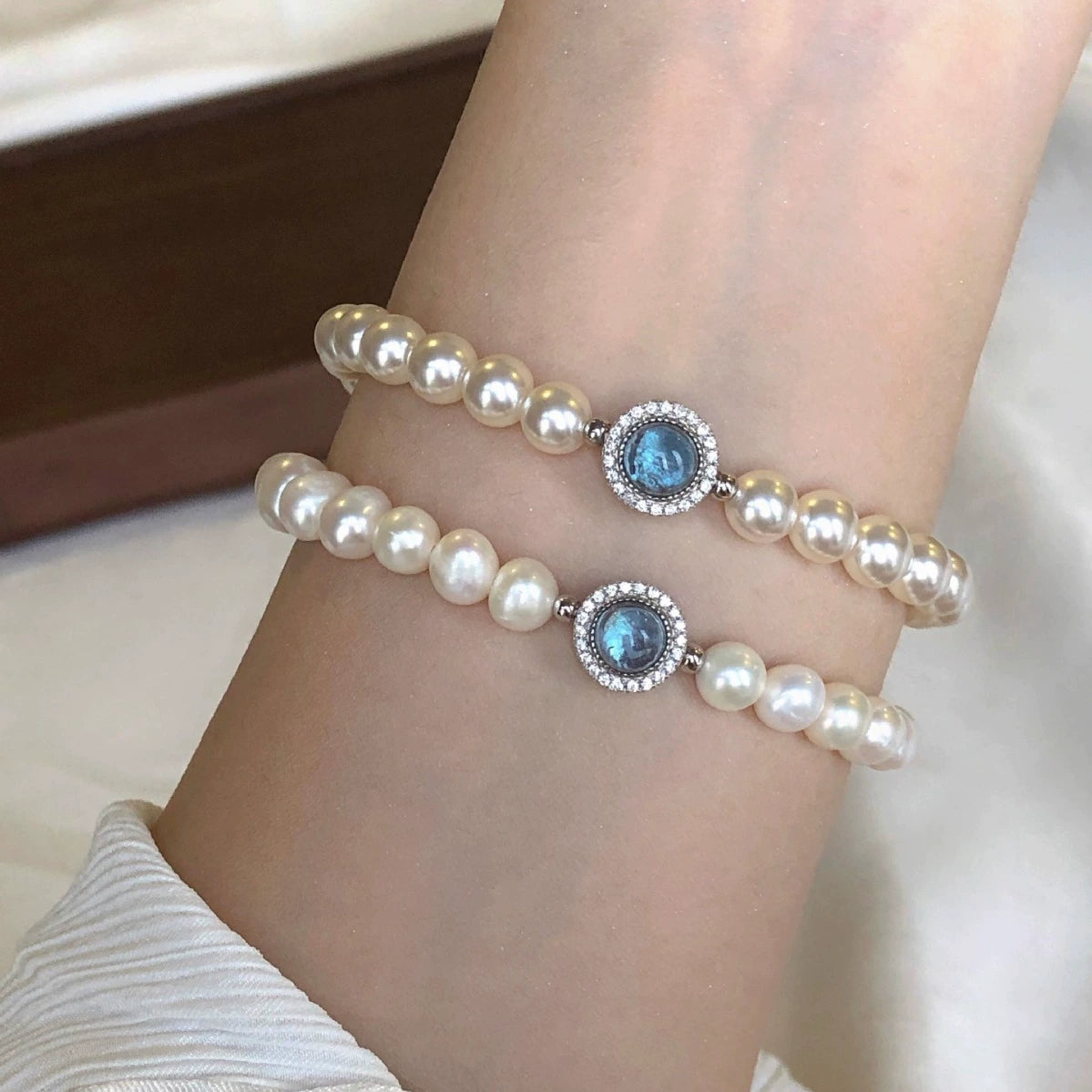925 Sterling Silver Aquamarine Natural Freshwater Pearl Bracelet