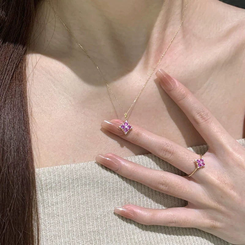 Purple gemstone four-leaf clover copper alloy necklace